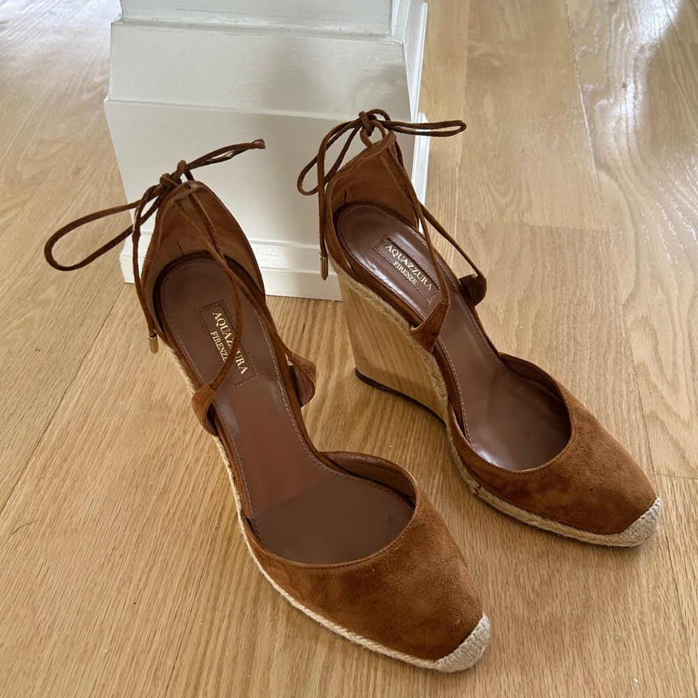 AQUAZZURA Brown Suede Espadrille Wedge Pumps with Ankle Tie
